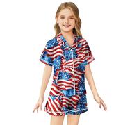 Girls Summer Outfits Floral Print Short Sleeve Button Down Top and Shorts Set Casual Playwear Comfortable Toddler Clothes (O-Blue, 8-9 Years)