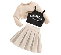 Girls Summer Outfits Set Casual Round Neck Long Sleeve Letter Print Top Solid Color Short Skirt Combo for Kids Age 3-10 (Khaki, 5-6 Years)