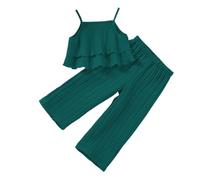 Girls Summer Outfits Toddler Pure Color Strappy Top with Ruffle Hem Shorts Set Casual Playwear for Baby 1-7 Years (Dark Green-A, 18-24 Months)