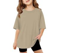 Girls Summer Oversized T Shirts Round Neck School Casual Workout Tops Beach Vacation Gym Clothes (Khaki, 9-10 Years)