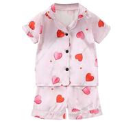 Girls Summer Pajama Set Floral Satin Two-Piece Outfit Short Sleeve Button Up Top with Matching Shorts for Toddlers Clothes Tracksuit 9-10 Years Baby Girl Party Dress Valentines Day Kids