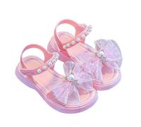Girls Summer Sandals Mesh Bow Pearl Strappy Open Toe Wide Fit Non Slip Soft Flat Slingback Walking Sandal Kids A ch Support Fashion Casual Shoes Party Dance Lightweight Slippers (Pink, 3-4 Years)
