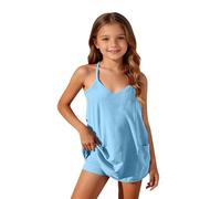 Girls Summer Sleeveless Playsuit, Thin Spaghetti Strap Relaxed Fit, Built-in Inner Shorts Casual Athletic Romper for Kids 5-15 Years(Sky Blue, 9-10 Years)