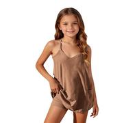 Girls Summer Sleeveless Short Romper Jumpsuit, Thin Spaghetti Strap Casual Athletic Playsuit with Integrated Built in Shorts, Relaxed Fit Garment for Children Aged 5 to 15 Years(Brown, 3-4 Years)