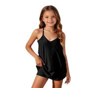 Girls Summer Sleeveless Short Romper Jumpsuit, Thin Spaghetti Strap Casual Athletic Playsuit with Integrated Built in Shorts, Relaxed Fit Garment for Children Aged 5 to 15 Years(Black, 11-12 Years)