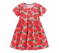 Girls Summer Strawberry Print Dress Crewneck Short Sleeve A Line Casual Going Out for 1 to 7 Years Girls Ballet Leotard (Hot Pink, 5-6 Years)