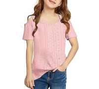 Girls Summer T Shirts Kids Casual Crewneck Off-Shoulder Top with Cut-Outs Short Sleeve Loose Basic Tee Tops Solid T-Shirt Daily Outfits Workout Clothes (Pink, 13-14 Years)