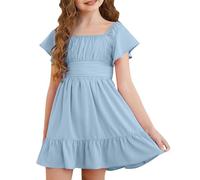 Girls Summer Tie Back Dress Tween Kids Off Shoulder Dresses Square Neck Babydoll A-Line Dress Floral Princess Dresses with Puff Sleeves and Ruffled Hem Age 4-15 Years (Light Blue #2, 8-9 Years)