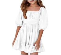 Girls Summer Tie Back Dress Tween Kids Off Shoulder Dresses Square Neck Babydoll A-Line Dress Floral Princess Dresses with Puff Sleeves and Ruffled Hem Age 4-15 Years (White #1, 9-10 Years)