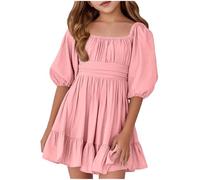 Girls Summer Tie Back Dress Tween Kids Off Shoulder Dresses Square Neck Babydoll A-Line Dress Floral Princess Dresses with Puff Sleeves and Ruffled Hem Age 4-15 Years (12-13 Years)