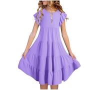 Girls Summer Tiered Dresses Ruffle Short Sleeve A Line Dress Solid Color Swing Dresses Teen Girls Crewneck M d Dress Kids Summer Beach Holiday Birthday Dance Wedding S ndress (Purple #1, 14-15)
