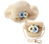 Girls Sun Hat and Mini Cross Body Bag Set Kid Summer Straw Hat Wide Brim Sun Protection Visor Hats Flower Straw Hat for Kids Girls Holiday Travel, Beige or Pink (UK, Age, 2 Years, 8 Years, Beige)