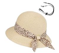 Girls Sun Straw Hat Kids Summer Beach Packable Hats Cute Floppy Cap Adjustable Size with Chin Strap for 5-10 Years, Beige, One size