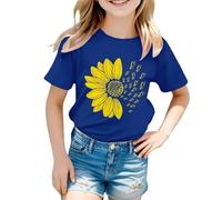 Girls Sunflower T Shirt Summer Cute Floral Print Kids Short Sleeve Tee Crew Neck Cotton Top Casual Loose Toddler School Athletic Tshirt Soft Comfy Outdoor (Blue, 8-9 Years)