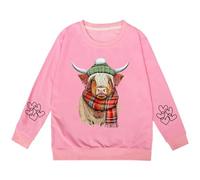 Girls Sweatshirt Cow Print Crewneck Pullover Long Sleeve Casual Soft Cosy Jumper Top for School Everyday Play Cute Animal Style(13-14 Years) Pink