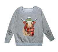 Girls Sweatshirt Cow Print Crewneck Pullover Long Sleeve Casual Soft Cosy Jumper Top for School Everyday Play Cute Animal Style(Grey, 13-14 Years)
