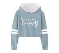 Girls Sweatshirt Kids Casual Loose Active Full Sleeves Hoodies Short Pullover Letter Print Striped Teen Crop Tops Plain Hoodies Light Blue