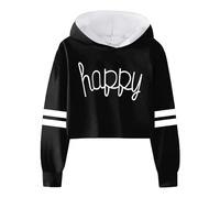 Girls Sweatshirt Kids Cute Oversized Long Sleeves Hoodies Striped Teen Crop Hooded Sweatshirts Solid Lightweight Pullover Letter Print Hoody Tops Girls Clothes (Black, 8-9 Years)