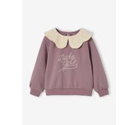 Girl's sweatshirt with English embroidery collar and flocked velvet message mauve