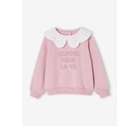 Girl's sweatshirt with English embroidery collar and flocked velvet message pale pink