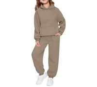 Girls Sweatsuit Set 2 Piece Solid Color Hooded Hoodies with Kangaroo Pockets Athletic Cargo Jogger Sweatpants for Kids Oversized Pullovers Casual Travel Essentials Loose Outfits for 9-10 11-12 Kid