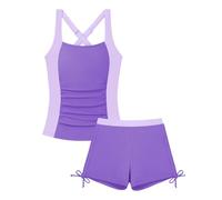Girls Swimming Costume 2 Piece Tankini Swimsuit Color Block Bathing Suit Tank Top with Drawstring Bottoms 9-16Y Purple