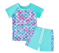 Girls Swimming Costume Beach Two Pieces Swim Suit Cute Mermaid Printed Swimsuit Swimwear Bathing Suit with Shorts for Toddler Girls 3 4 5 6 7 8 Years Blue