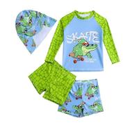 Girls Swimming Costume Children's Summer Long Sleeved Cartoon Dinosaur Print Swimsuit Short Pants Hat Four Piece Set Green