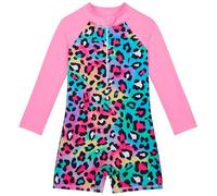 Girls Swimming Costume Long Sleeve Swimsuit Kids One-Piece UV Protection Swimwear Rash Guard UPF 50+ Sunsafe Swim Suit with Zipper Leopard Bathing Suits Boyleg Swimsuit with Shorts 4-12 Years