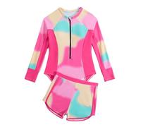 Girls Swimming Costume Padded Bras Long Sleeve Girl Swimsuit Zipper Two Pieces Teen Swimming Suit with Swim Short Summer Beach Kids Swimwear Rashgard,Rose Pink 11-12 Years