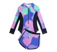 Girls Swimming Costume Padded Bras Long Sleeve Girl Swimsuit Zipper Two Pieces Teen Swimming Suit with Swim Short Summer Beach Kids Swimwear Rashgard,Purple 9-10 Years