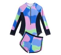 Girls Swimming Costume Padded Bras Long Sleeve Girl Swimsuit Zipper Two Pieces Teen Swimming Suit with Swim Short Summer Beach Kids Swimwear Rashgard,Blue 8-9 Years