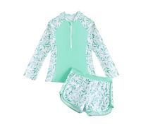 Girls Swimming Costume Padded Bras Long Sleeve Kids Swimsuit Two Pieces Swimming Suits Teen Girl Swimwear with Swim Short Summer Beach Pool,Green Leaves 10-11 Years