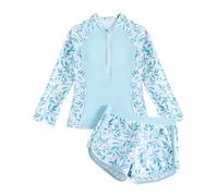 Girls Swimming Costume Padded Bras Long Sleeve Kids Swimsuit Two Pieces Swimming Suits Teen Girl Swimwear with Swim Short Summer Beach Pool,Blue Leaves 10-11 Years
