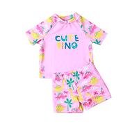 Girls Swimming Costume Two Piece,Short Sleeve Tankini Top with Swim Shorts Swimsuit Cute Printed Bathing Suit Swim Set Swimwear Sets Beachwear for Toddler Baby Kids Under 5 Years (Pink, 2-3 Years)
