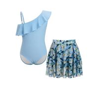 Girls Swimsuit 2 Pieces Set Asymmetrical Shoulder Straps Ruffle Swimwear with Mesh Skirt Bathing Suit Floral Hawaii Swimming Costume Blue 11-12y