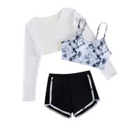 Girls Swimsuit 3 Piece Spaghetti Strap Bikini Bathing Suit with Shorts Long Sleeve Pullover Tops Beach Swimwear Funny Rash Guard for Girls 3pcs Tropical Flower Print Bathing Suits (White, 13 Years)