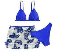 Girls Swimsuit 3 Piece Tropical Bathing Suit Solid Spaghetti Strap Bikini Set with Cover Up Skirt Kids Beach Swimwear Preppy Swimsuits for Teen Girls Two Piece Trendy (Dark Blue, 6-9 Years)