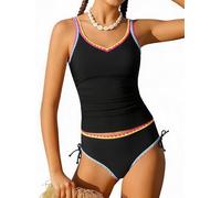 Girls Swimsuit Contrast Trim Tankini Sets Solid Color 2 Piece Bathing Suit Padded Swimsuits for Teens 9-16Y Black
