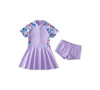 Girls Swimsuit Girls Swimming Costume Fashion Cute Flower Leaf Print Zip Short Sleeve Swimsuit Swimming Costume with Skirt Two Piece Set Clearance Baby Girl Swimming Costume