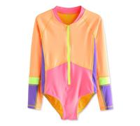 Girls Swimsuit Long Sleeve One Piece Swimming Costume UPF50+ Junior Kids Bathing Suit for Girls 3 Years, Pink and Orange Colour-Block