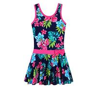Girls Swimsuit One Piece UPF 50+ Floral Skirted Bathing Suit Modest Beach Swim Dress 3-11 Years, Navyflower Bowknot, 8-9 Years