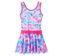 Girls Swimsuit One Piece UPF 50+ Floral Skirted Bathing Suit Modest Beach Swim Dress 3-11 Years, Pink Tiedye Bowknot, 6-7 Years