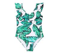Girls Swimsuit Skirt Green Leaf Pattern V Neck with Ruffled Edge Kids Swimming Pool Hot Spring Natatorium Little Girls Swimsuit (White, 9-10 Years)