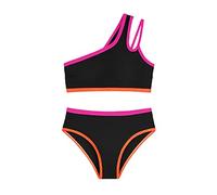 Girls Swimsuit Two Piece One Shoulder Bathing with Chest Pad Color Bikini 7 16 Years (Black, 13-14 Years)