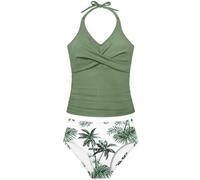 Girls Swimsuits 2 Piece Halter Swimsuit Criss Cross Ruched Printed Tankini Swimwear Set for 9-16 Years, Green, 13-14 Years