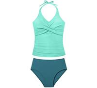 Girls Swimsuits 2 Piece Halter Swimsuit Criss Cross Ruched Printed Tankini Swimwear Set for 9-16 Years, Sea blue, 9-10 Years