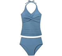 Girls Swimsuits 2 Piece Halter Swimsuit Criss Cross Ruched Printed Tankini Swimwear Set for 9-16 Years, Grey, Blue, 9-10 Years