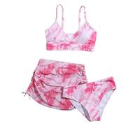Girls Swimsuits 3 Piece Bathing Suits Tie Dye Spaghetti Strap Bikini Sets with Cover Up Skirt Swimwear Swimming Suit Preppy Bikini Trendy for Teens Preppy (Pink, 9-10 Years)