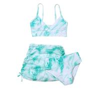 Girls Swimsuits 3 Piece Bathing Suits Tie Dye Spaghetti Strap Bikini Sets with Cover Up Skirt Swimwear Swimming Suit Preppy Bikini Trendy for Teens Preppy (Green, 13-14 Years)